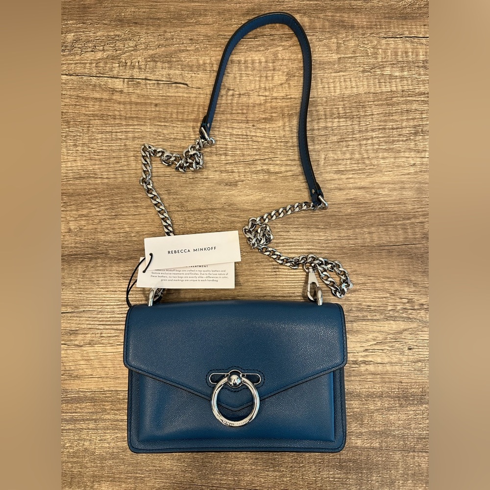 Rebecca Minkoff Jean Pebbled Leather Crossbody in Lake Blue and Silver NWT